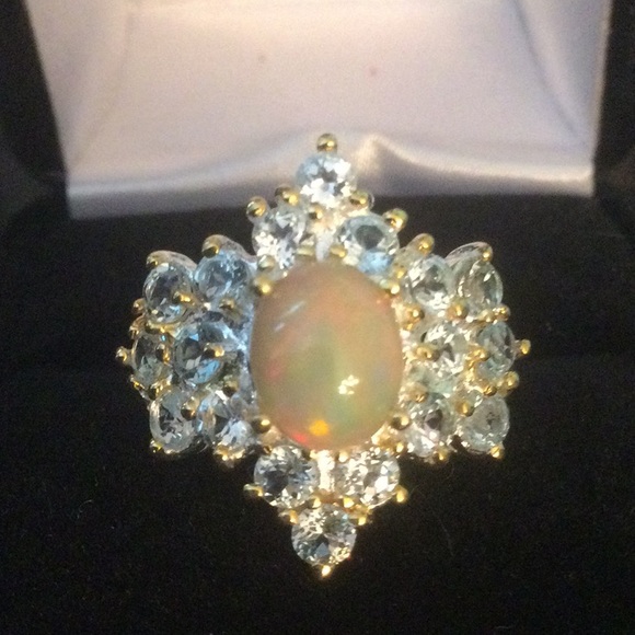 Genuine Natural Fire Opal & Aquamarine Ring, 9mm by 7mm - Picture 4 of 15